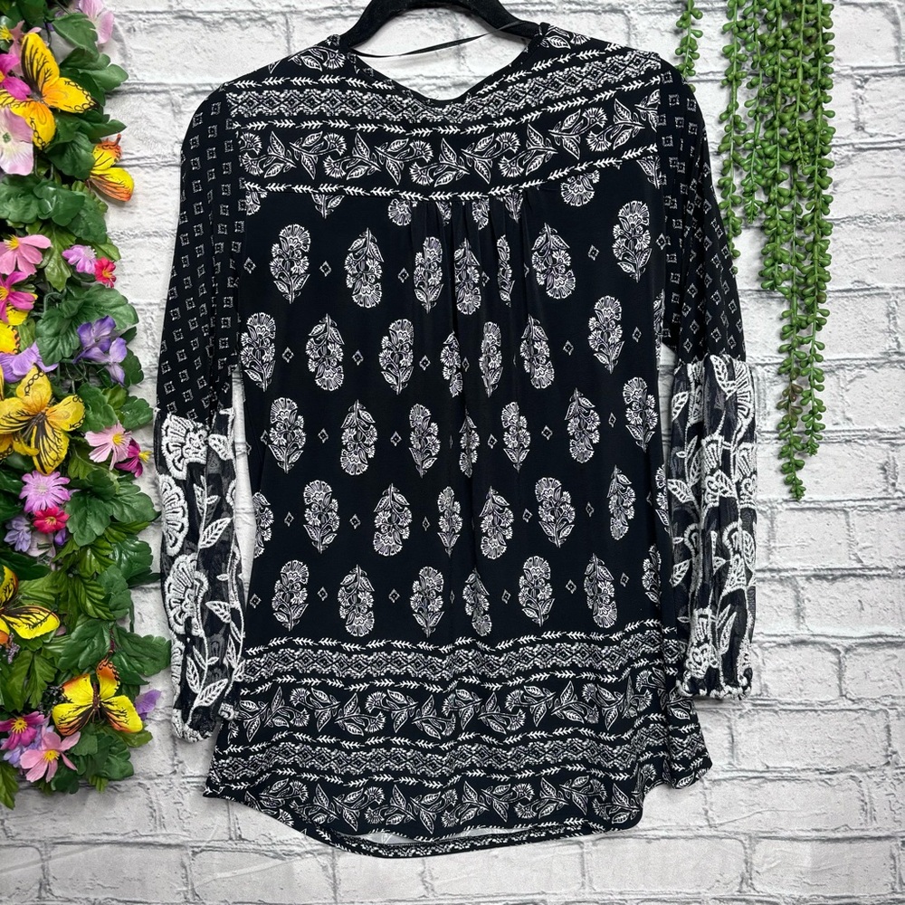 b🌼3/$30🌼Style & Co Black Printed Long Sleeve Blouse Size Small - Picture 13 of 16